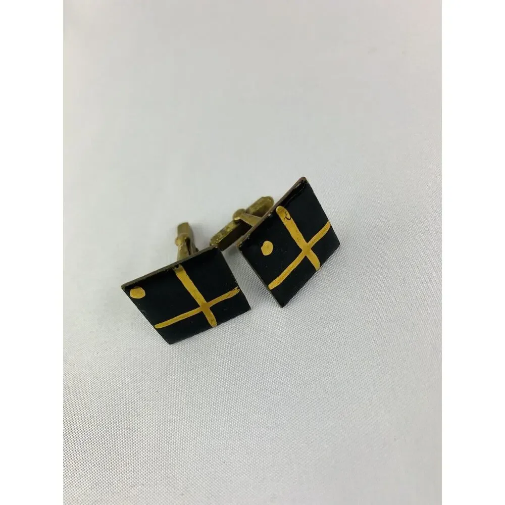Vintage Men's Enameled Goldtone and Black Square Cufflinks Artsy Retro Toggle